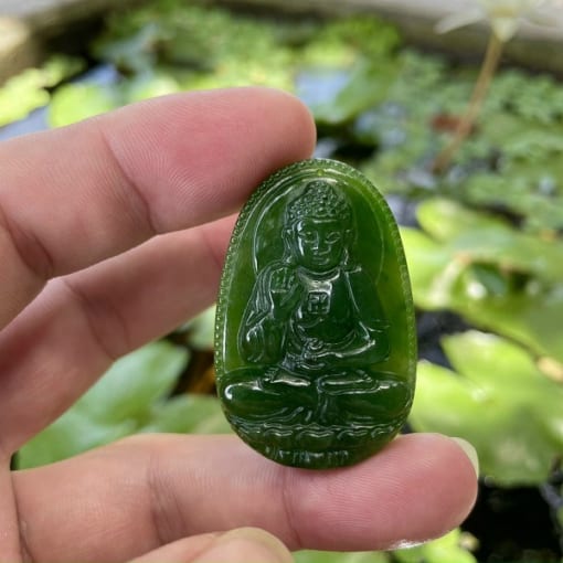 Mặt dây chuyền Phật A di đà đá Ngọc Bích Nephrite bọc bạc 4.5cm MAD.021 1