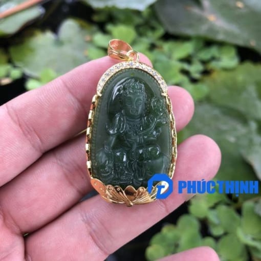 Mặt dây phật bản mệnh Phổ Hiền đá Ngọc Bích Nephrite bọc vàng 18k 4cm MBM.169 1