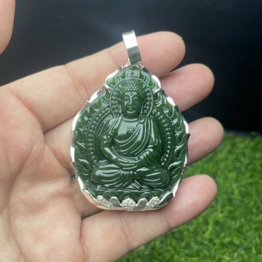 Mặt dây Phật A Di Đà Ngọc Bích Nephrite Canada bọc bạc 4cm MAD.046 1