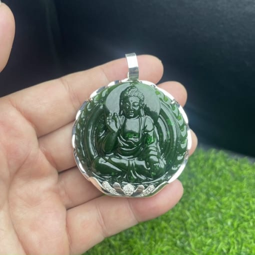 Mặt dây Phật A Di Đà Ngọc Bích Nephrite Canada bọc bạc 4cm MAD.079 1