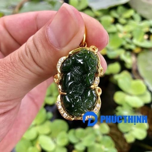 Mặt dây chuyền, nhẫn Tỳ Hưu đá Ngọc Bích Nephrite bọc vàng 2.5-3cm MTH.038 1